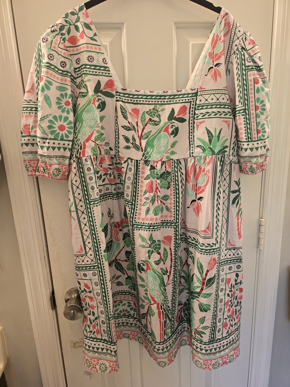 Celina Moon Parrot Print Puff Sleeve Dress in White, Green & Pink